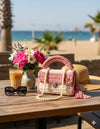 Multi pink premium cotton clutch with pearl chain